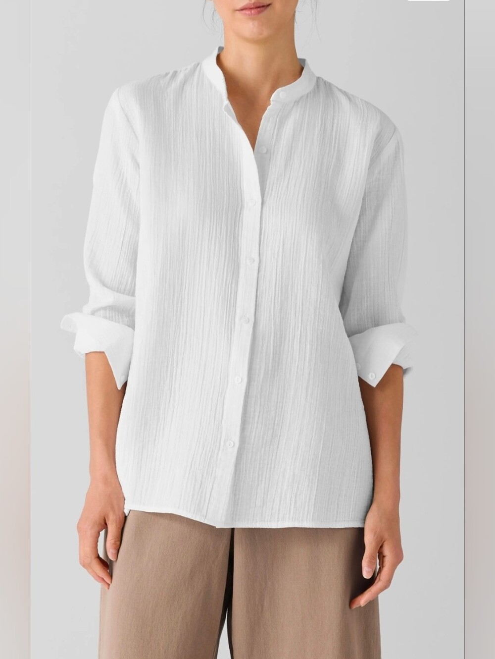 Eileen Fisher White Crinkle Gauze Mandarin Collar Button Front Blouse Small